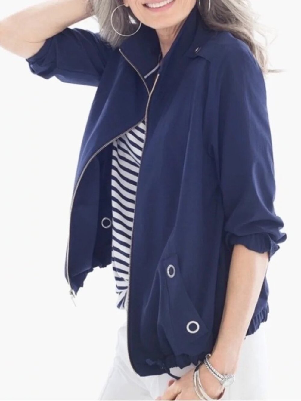 NWT Zenergy Neema Sz 2 L Navy Jacket Grommet Detail Wind Rain 3/4 Sleeves Chicos